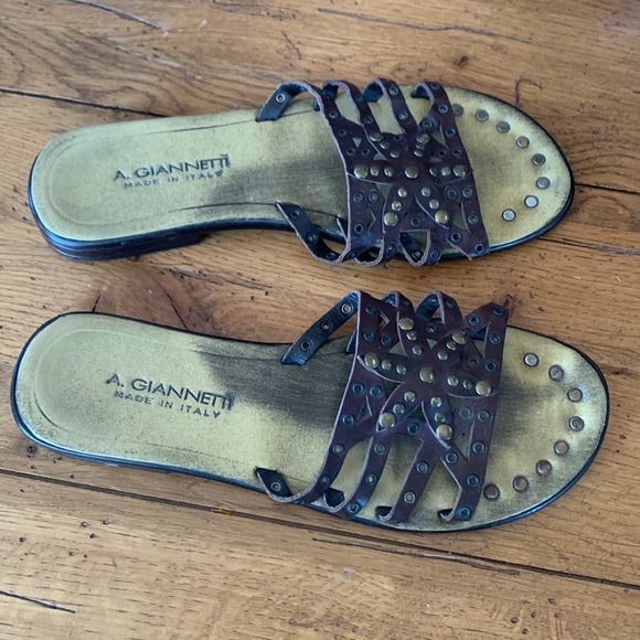 A. Giannetti Brown Leather Slide Sandals Studded Slide Made in Italy Size 8 - Picture 1 of 8